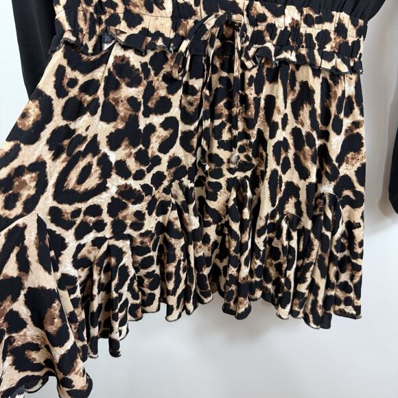 Main Strip NWOT Mini Dress Large Long Sleeved Leopard Print Ruffle Skirt Animal - Picture 5 of 14